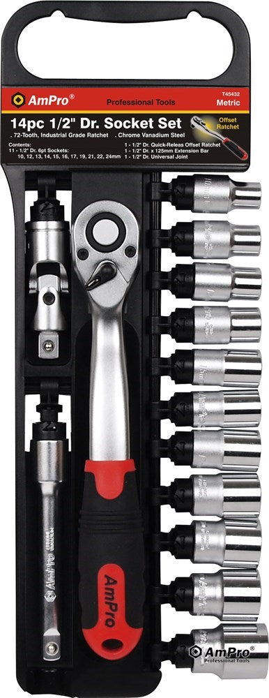Juego de copas cortas milimetricas acero cromo vanadio cuadrante 1/2" x 6 puntos - 14 piezas 10-24mm Ampro