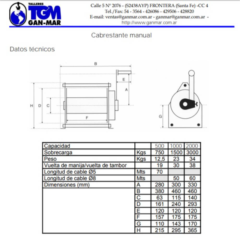 Cabrestante malacate manual 2 toneladas Ganmar