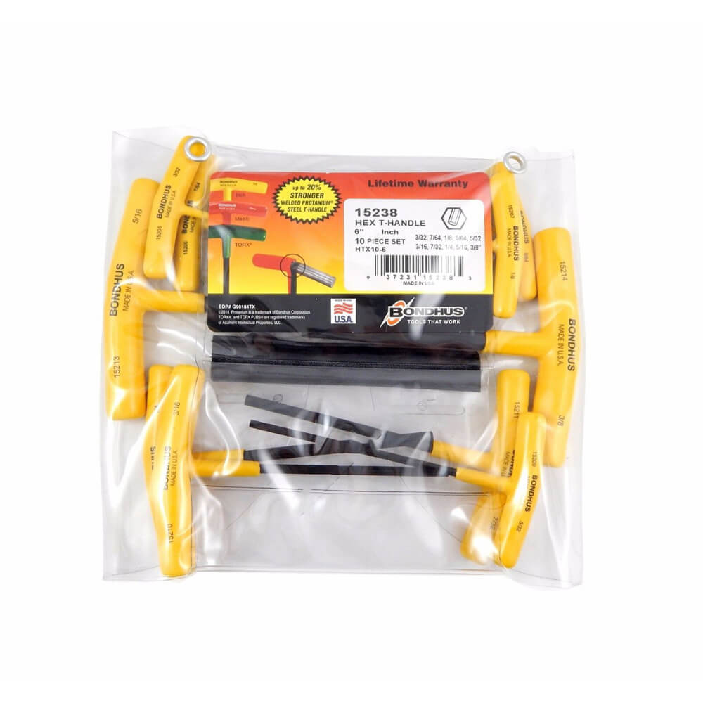 Juego de llave en T 6 Pulgadas, 10 piezas 3/32 a 3/8 mango plastico 15238 Bondhus