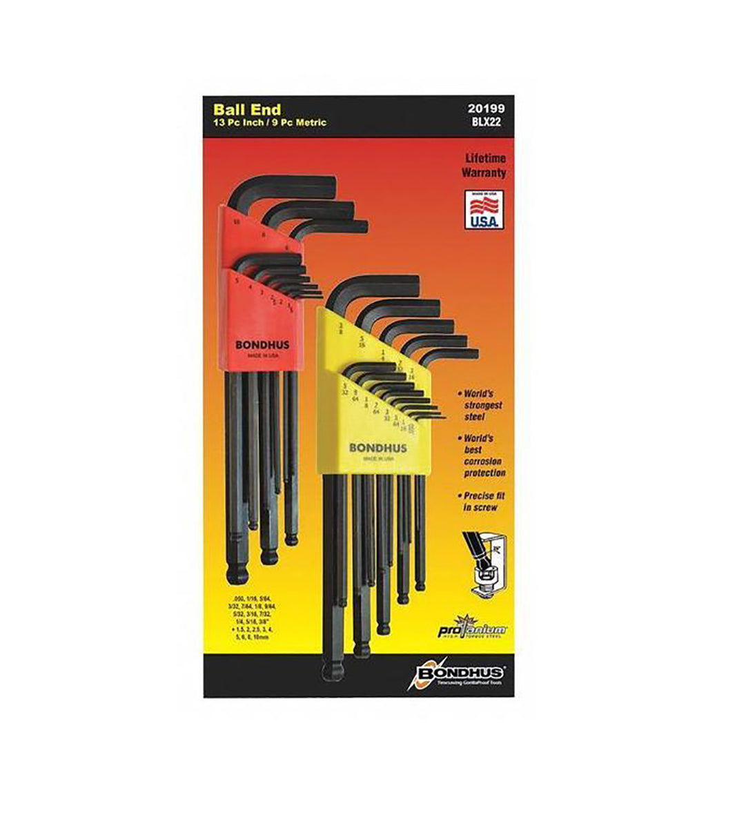 Juego de llaves allen mixtas 22 piezas 1.5 a 10.00 mm - 0.50 a 3/8 20199 Bondhus