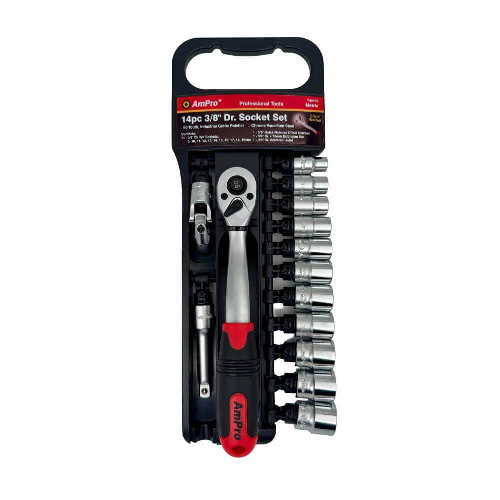 Juego de copas cortas milimetricas acero cromo vanadio cuadrante 3/8" x 6 puntos - 14 piezas 8-19mm Ampro