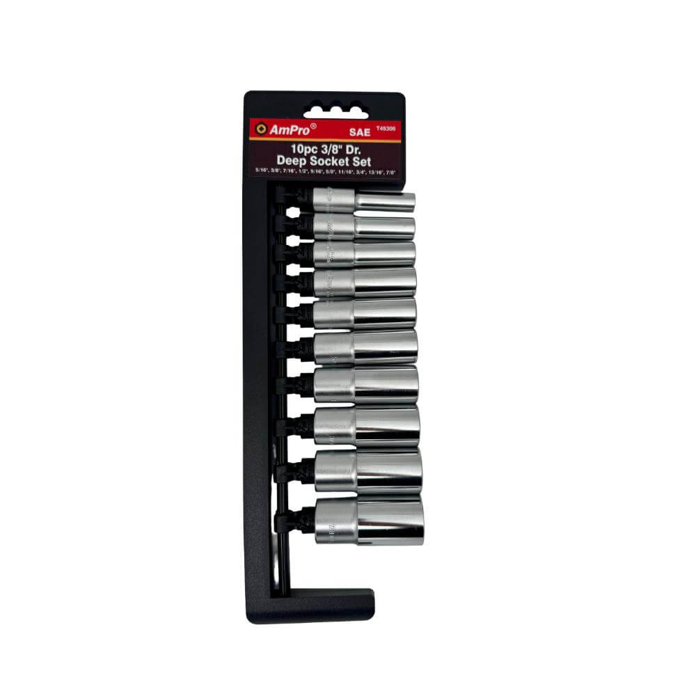 Juego de copas largas en pulgadas acero cromo vanadio cuadrante 3/8" x 6 puntos - 10 piezas 5/16" - 7/8" Ampro