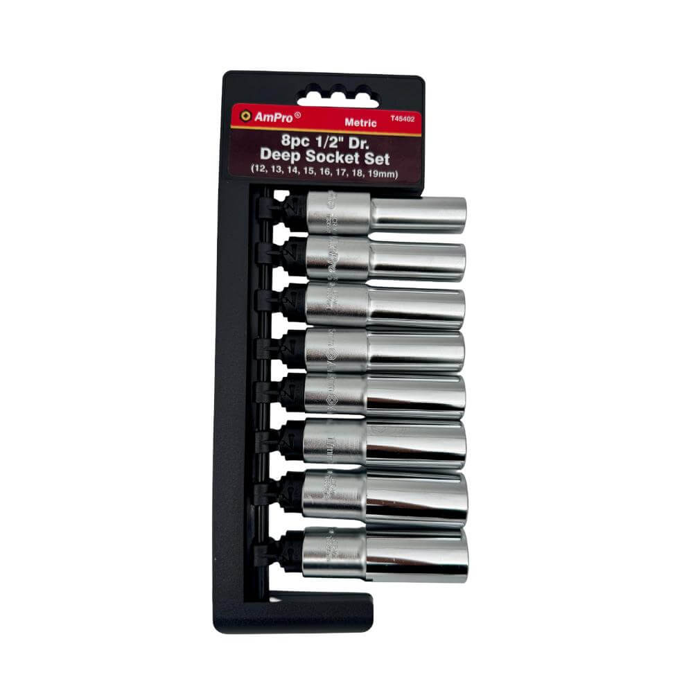 Juego de copas largas milimetricas acero cromo vanadio cuadrante 1/2" x 6 puntos - 8 piezas - 12 - 19mm Ampro