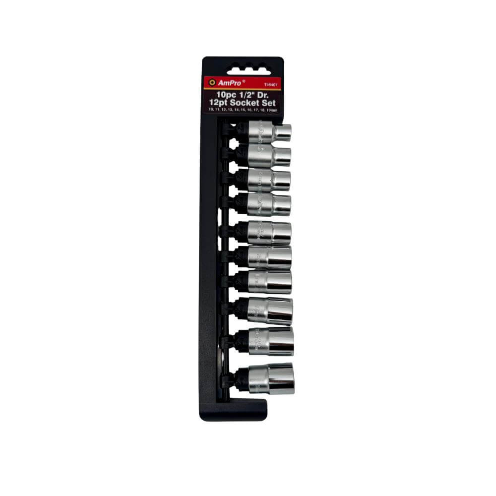 Juego de copas cortas milimetricas acero cromo vanadio cuadrante 1/2" x 12 puntos - 10 piezas - 10 - 19mm Ampro