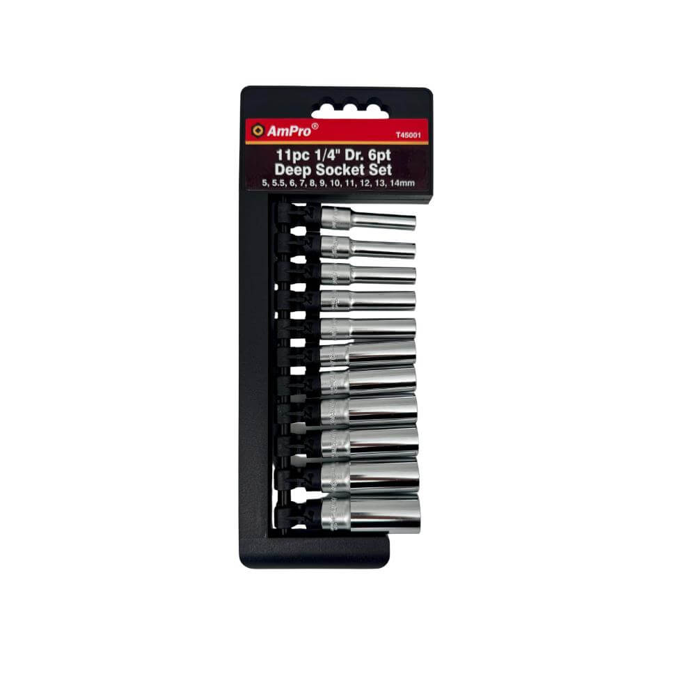 Juego de copas largas milimetricas acero cromo vanadio cuadrante 1/4" x 6 puntos - 11 piezas 5-14mm Ampro