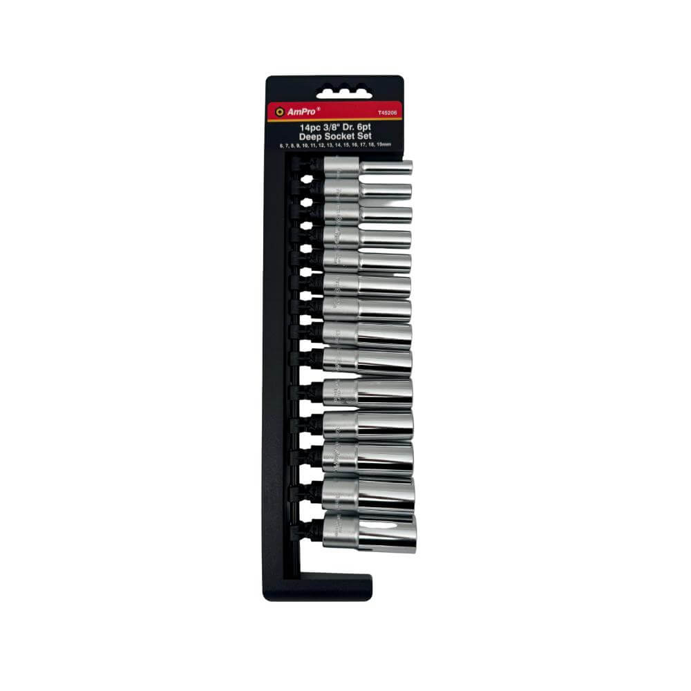 Juego de copas largas milimetricas acero cromo vanadio cuadrante 3/8" x 6 puntos - 14 piezas 6-19mm Ampro