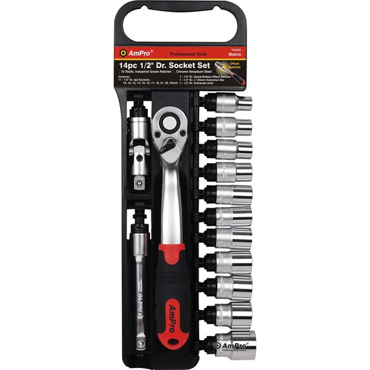 Juego de copas cortas milimetricas acero cromo vanadio cuadrante 1/2" x 6 puntos - 14 piezas 10-24mm Ampro