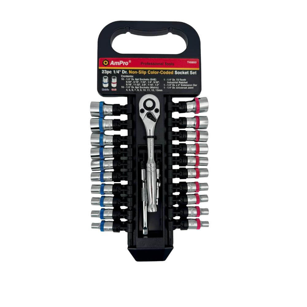Juego de copas cortas milimetricas y pulgadas acero cromo vanadio cuadrante 1/4" x 6 puntos - 23piezas Ampro