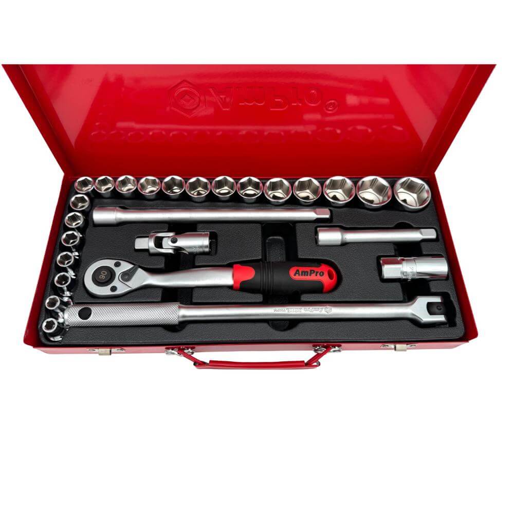 Juego de copas cortas milimetricas acero cromo vanadio cuadrante 1/2" x 6 puntos - 26piezas - 8-32mm Ampro