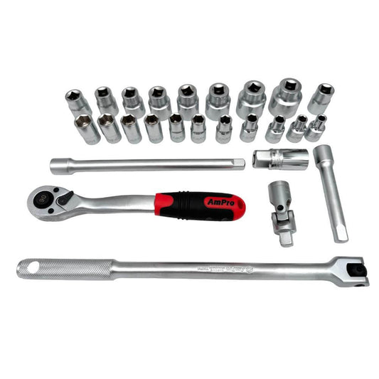 Juego de copas cortas milimetricas acero cromo vanadio cuadrante 1/2" x 6 puntos - 26piezas - 8-32mm Ampro