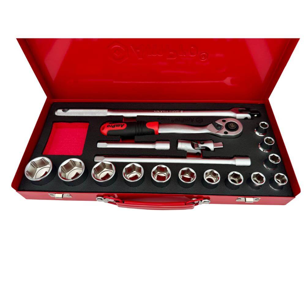Juego de copas cortas milimetricas acero cromo vanadio cuadrante 1/2" x 6 puntos - 18piezas 10-32mm Ampro