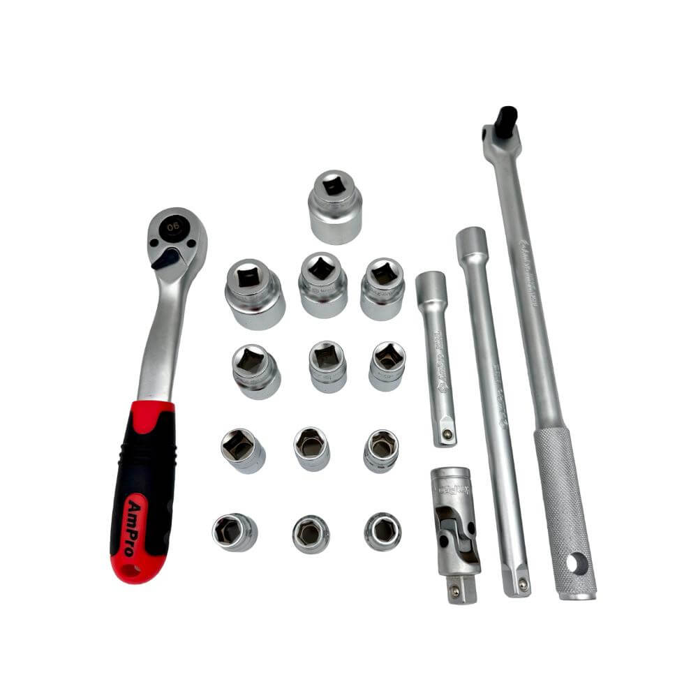 Juego de copas cortas milimetricas acero cromo vanadio cuadrante 1/2" x 6 puntos - 18piezas 10-32mm Ampro