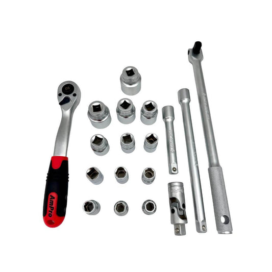 Juego de copas cortas milimetricas acero cromo vanadio cuadrante 1/2" x 6 puntos - 18piezas 10-32mm Ampro