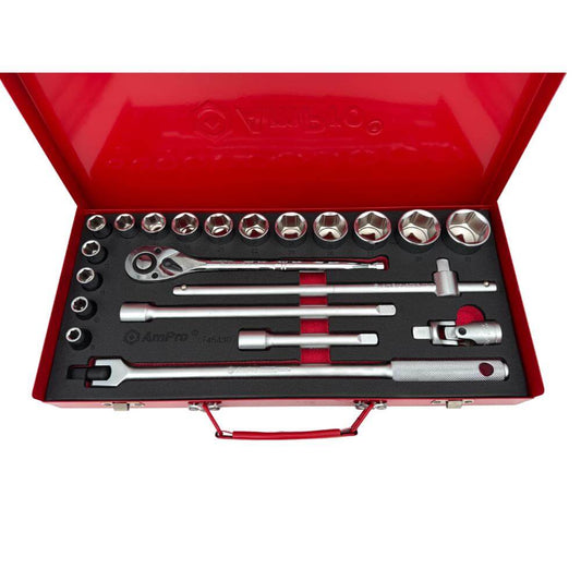 Juego de copas cortas milimetricas cromo vanadium cuadrante 1/2" x 6 puntos - 21 piezas - 8-32mm Ampro